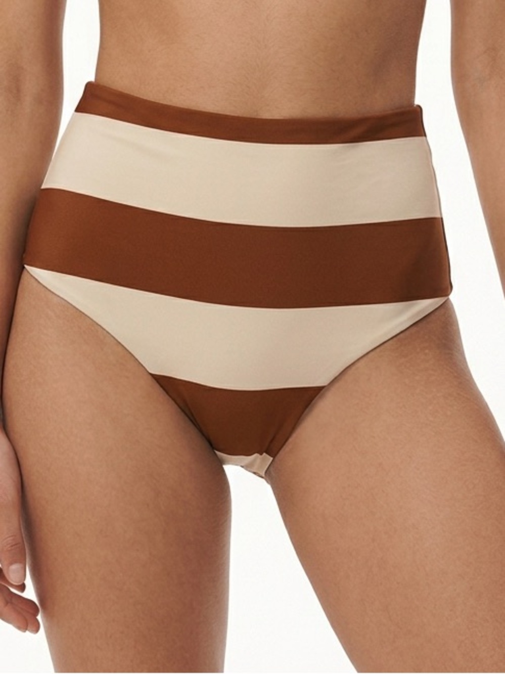 CALA DE LA CRUZ | Striped High-Waist Bikini Bottom in Brown Cream Women’s Size M